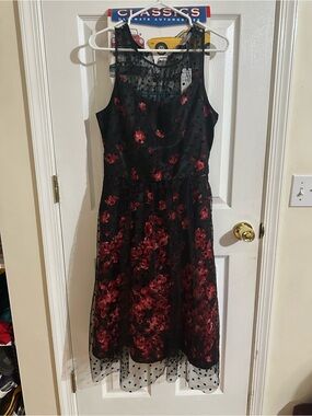 dressbarn Black Dress with Red Floral Overlay